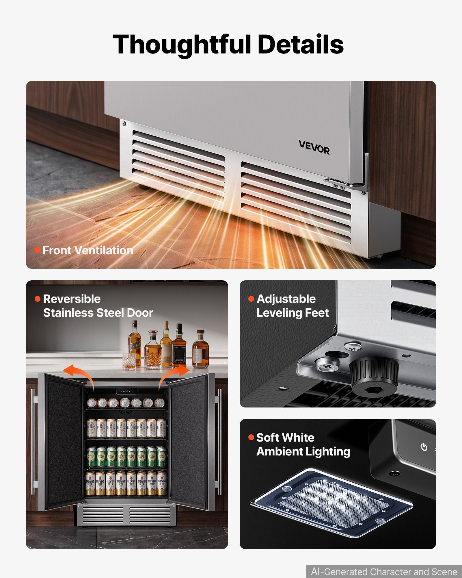 VEVOR Outdoor Beverage Refrigerator, 24 Inch Undercounter Drink Fridge, 304 Stainless Steel Body, 5.0 Cu. Ft, Hold 180 Cans, Powerful Cooling System, Built-in / Freestand Cooler, Home Bar & Patio
