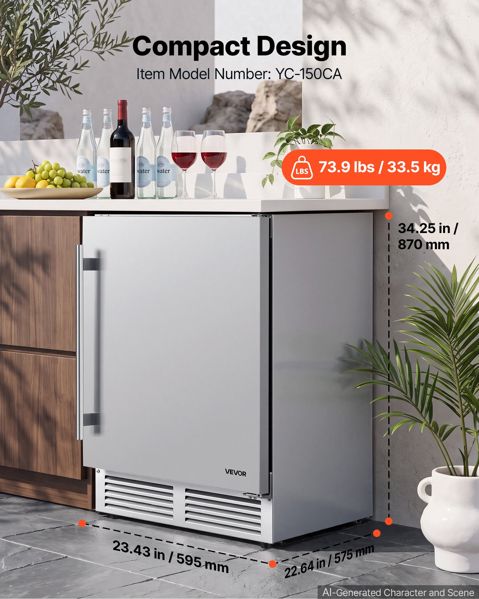 VEVOR Outdoor Beverage Refrigerator, 24 Inch Undercounter Drink Fridge, 304 Stainless Steel Body, 5.0 Cu. Ft, Hold 180 Cans, Powerful Cooling System, Built-in / Freestand Cooler, Home Bar & Patio