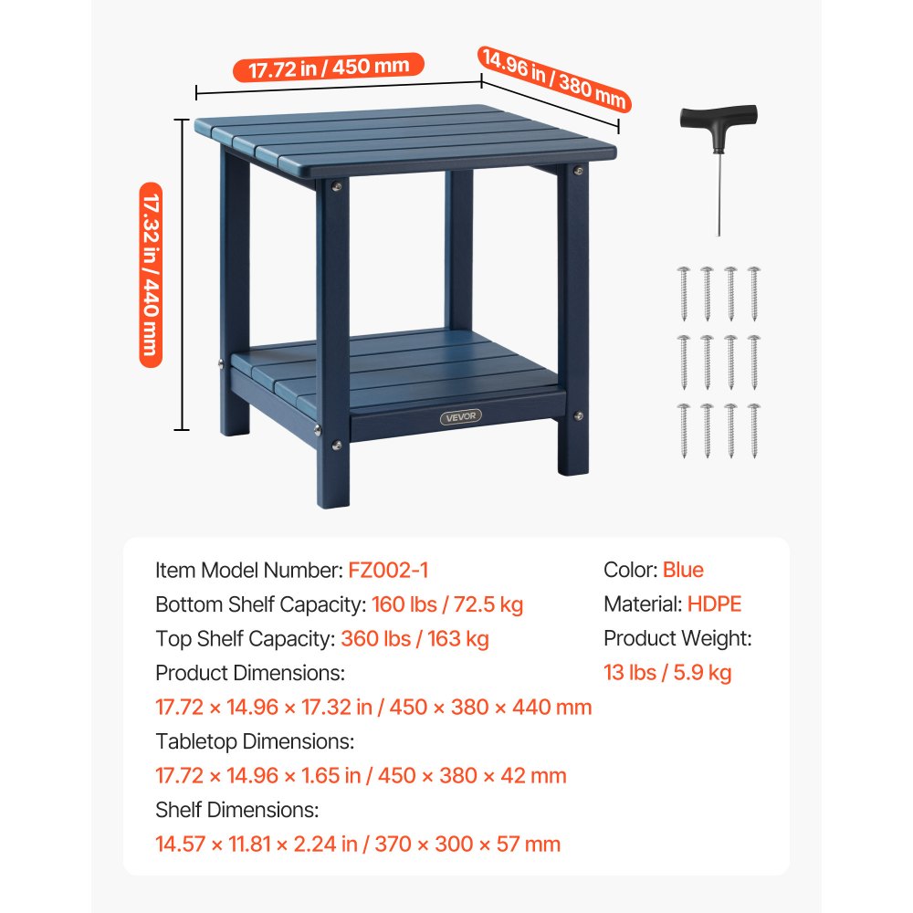 VEVOR Outdoor Side Table, 17.72W x 14.96D x 17.32H Inch, Double Layer HDPE Outside End Table for Easy Maintenance, Withstand Harsh Weather, Fit for Patio, Pool, Beach, Porch, Indoor, Backyard, Blue