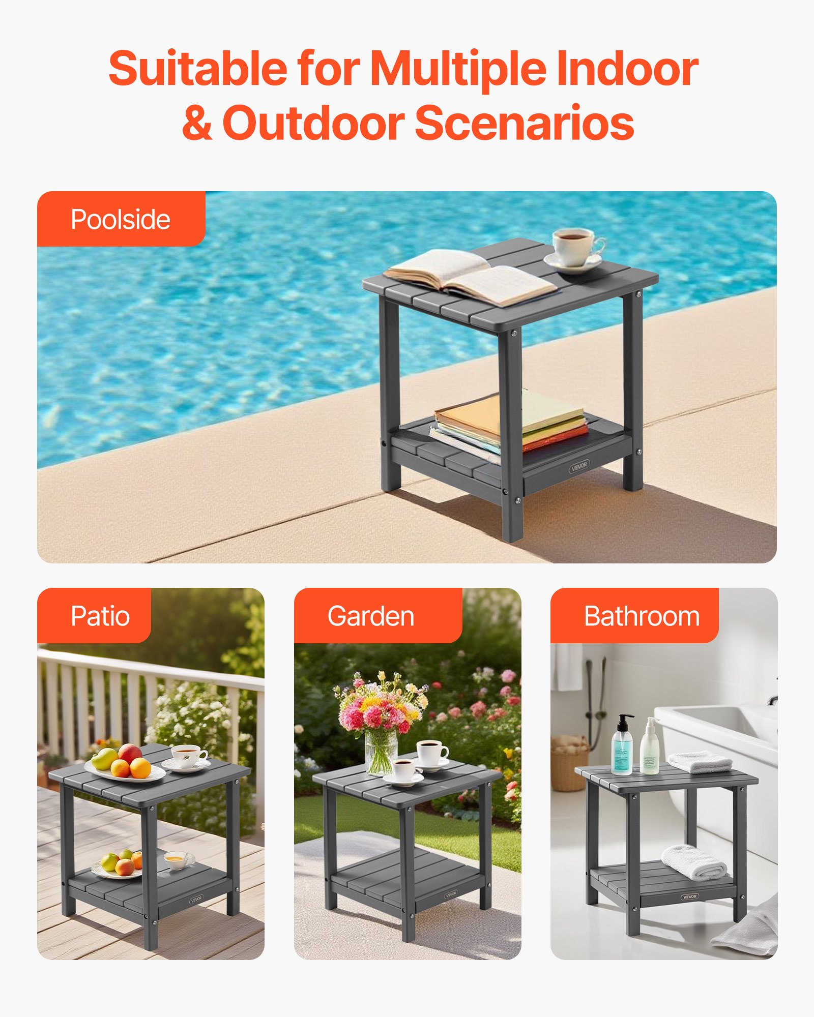 VEVOR Outdoor Side Table, 17.72W x 14.96D x 17.32H Inch, Double Layer HDPE Outside End Table for Easy Maintenance, Withstand Harsh Weather, Fit for Patio, Pool, Beach, Porch, Indoor, Backyard, Grey