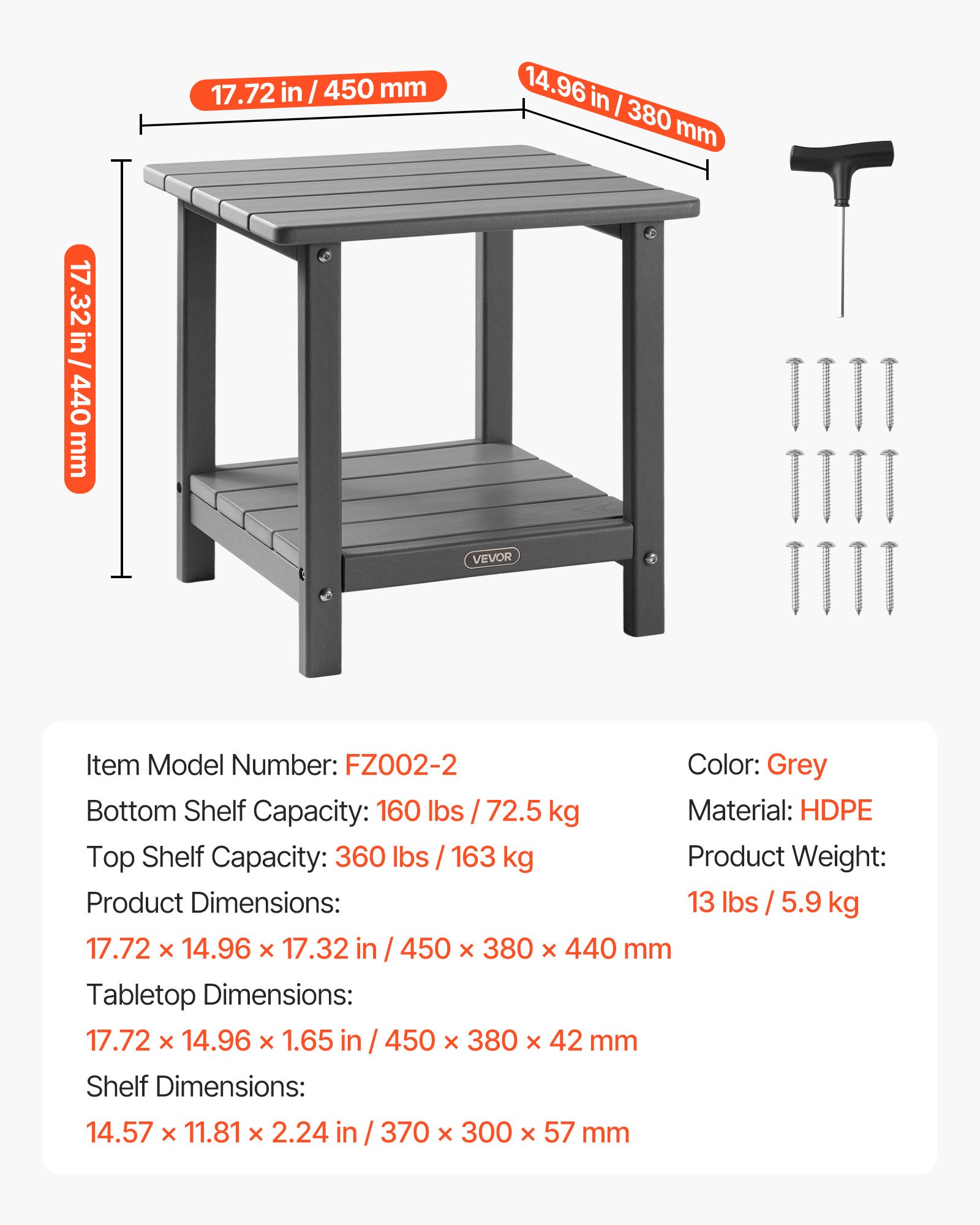 VEVOR Outdoor Side Table, 17.72W x 14.96D x 17.32H Inch, Double Layer HDPE Outside End Table for Easy Maintenance, Withstand Harsh Weather, Fit for Patio, Pool, Beach, Porch, Indoor, Backyard, Grey