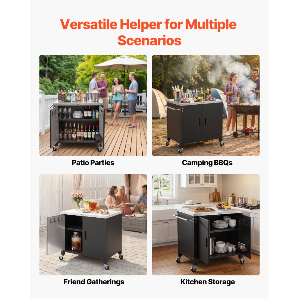 VEVOR Outdoor Grill Cart with Storage Cabinet, 102 cm Grill Table, Waterproof Kitchen Island with Stainless Steel Top, Spice Rack, and Wheels, Movable Food Prep Station for Patio Bar Backyard BBQ