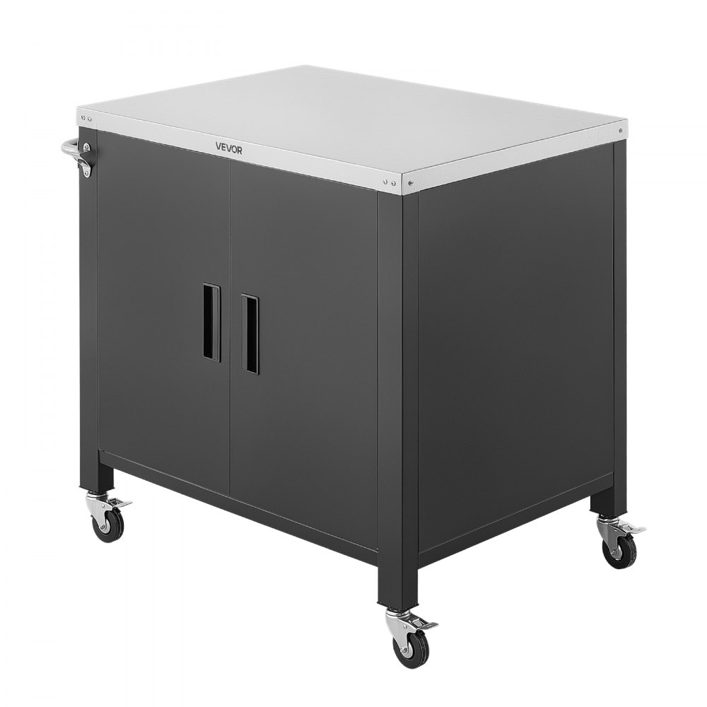 VEVOR Outdoor Grill Cart with Storage Cabinet, 102 cm Grill Table, Waterproof Kitchen Island with Stainless Steel Top, Spice Rack, and Wheels, Movable Food Prep Station for Patio Bar Backyard BBQ