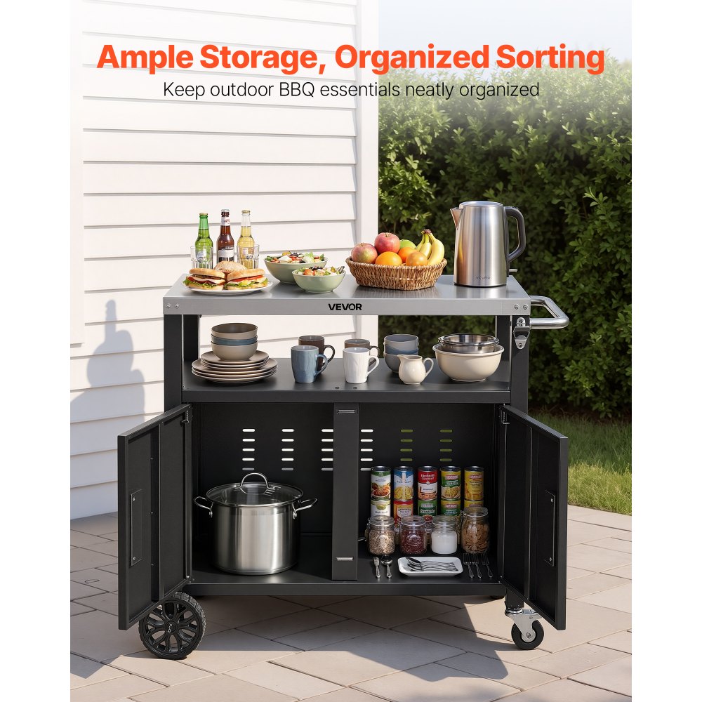 VEVOR Outdoor Grill Cart with Storage Cabinet, 92 cm Grill Table, Waterproof Kitchen Island with Stainless Steel Top, Shelf, and Wheels, Movable Food Prep Station for Patio Bar Backyard BBQ
