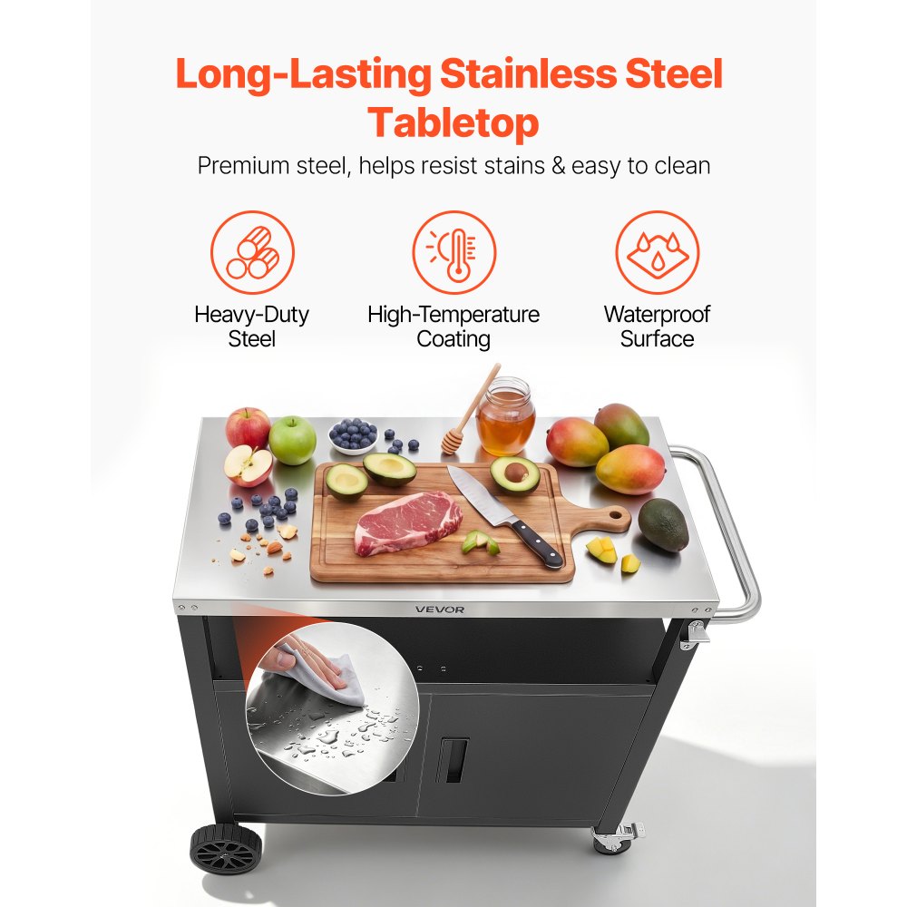 VEVOR Outdoor Grill Cart with Storage Cabinet, 92 cm Grill Table, Waterproof Kitchen Island with Stainless Steel Top, Shelf, and Wheels, Movable Food Prep Station for Patio Bar Backyard BBQ