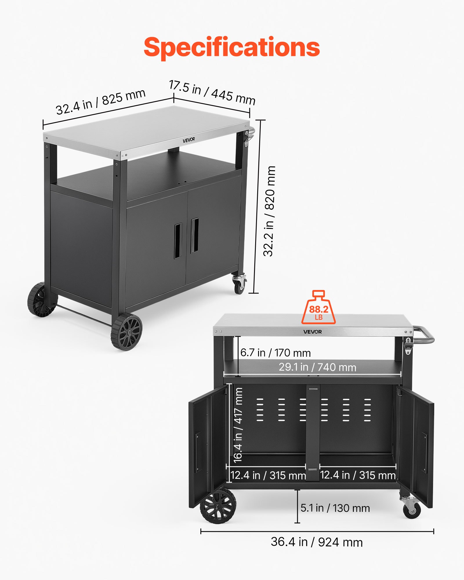 VEVOR Outdoor Grill Cart with Storage Cabinet, 92 cm Grill Table, Waterproof Kitchen Island with Stainless Steel Top, Shelf, and Wheels, Movable Food Prep Station for Patio Bar Backyard BBQ
