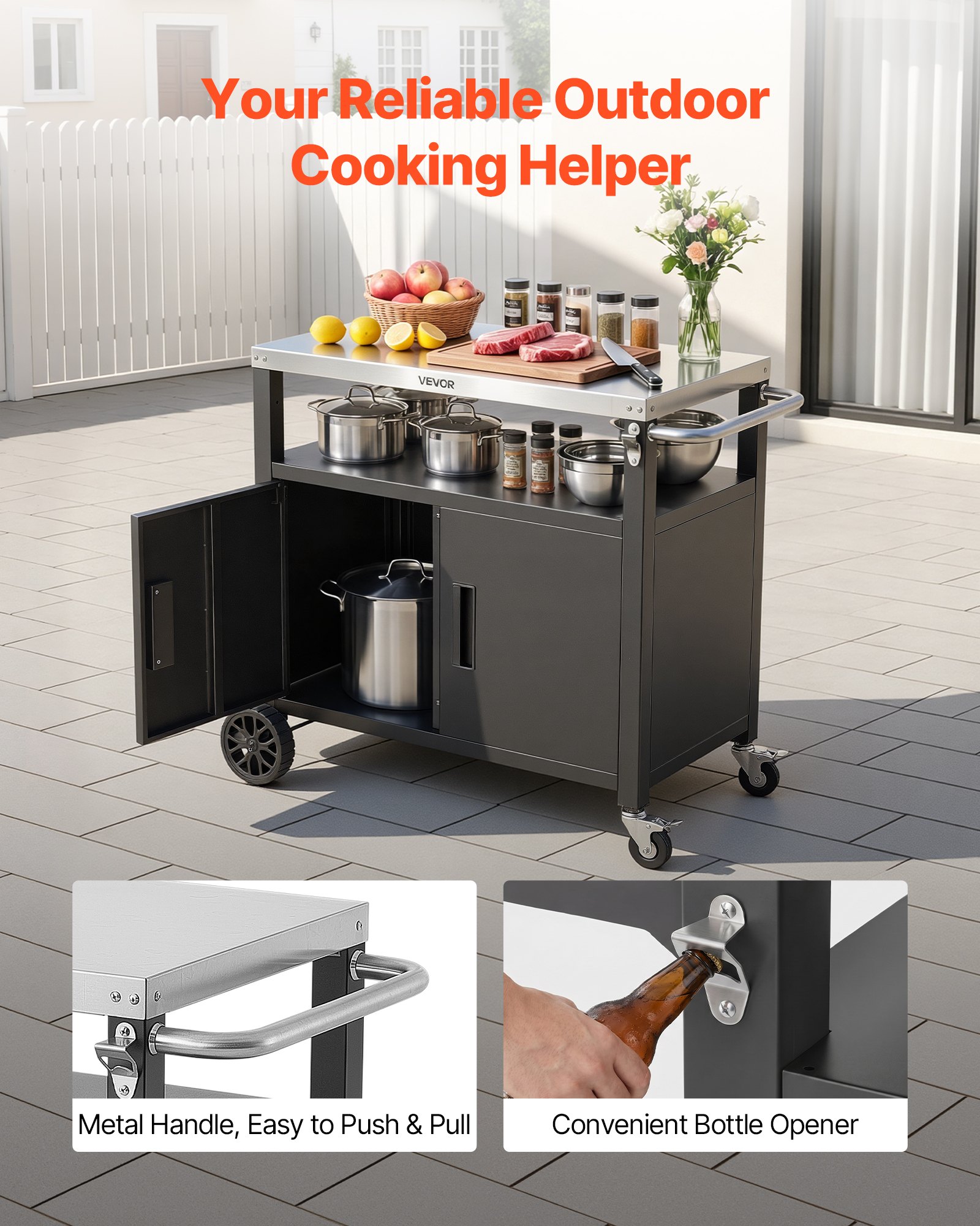 VEVOR Outdoor Grill Cart with Storage Cabinet, 92 cm Grill Table, Waterproof Kitchen Island with Stainless Steel Top, Shelf, and Wheels, Movable Food Prep Station for Patio Bar Backyard BBQ