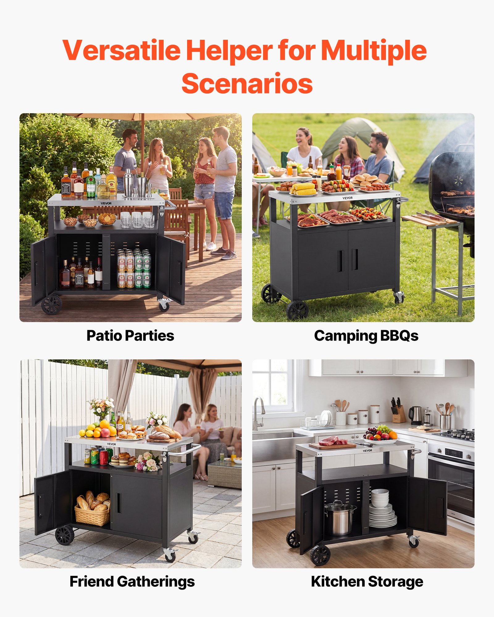 VEVOR Outdoor Grill Cart with Storage Cabinet, 92 cm Grill Table, Waterproof Kitchen Island with Stainless Steel Top, Shelf, and Wheels, Movable Food Prep Station for Patio Bar Backyard BBQ