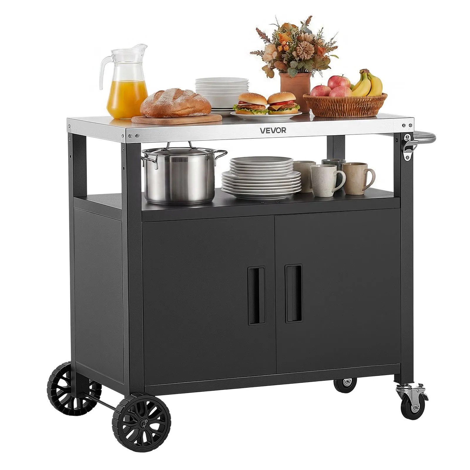 VEVOR Outdoor Grill Cart with Storage Cabinet, 92 cm Grill Table, Waterproof Kitchen Island with Stainless Steel Top, Shelf, and Wheels, Movable Food Prep Station for Patio Bar Backyard BBQ