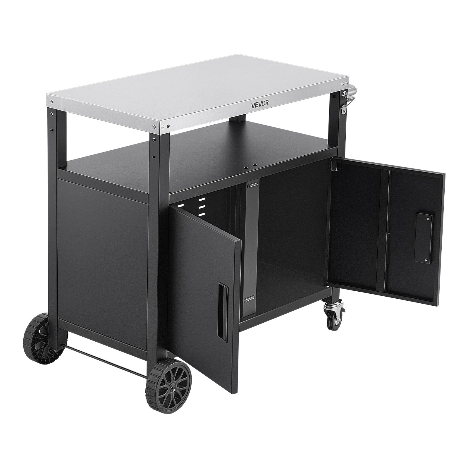 VEVOR Outdoor Grill Cart with Storage Cabinet, 92 cm Grill Table, Waterproof Kitchen Island with Stainless Steel Top, Shelf, and Wheels, Movable Food Prep Station for Patio Bar Backyard BBQ