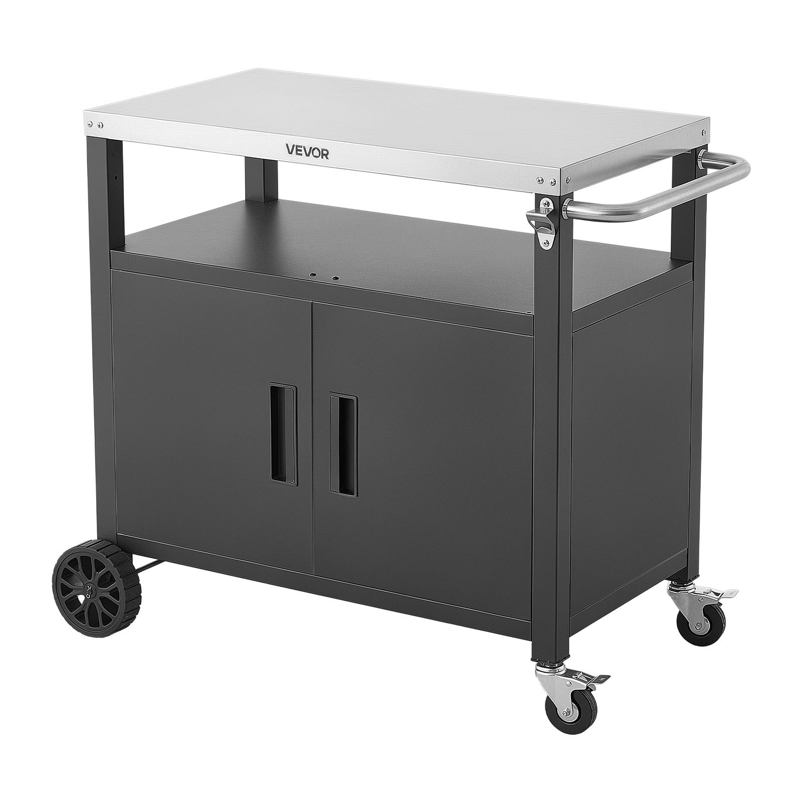 VEVOR Outdoor Grill Cart with Storage Cabinet, 92 cm Grill Table, Waterproof Kitchen Island with Stainless Steel Top, Shelf, and Wheels, Movable Food Prep Station for Patio Bar Backyard BBQ