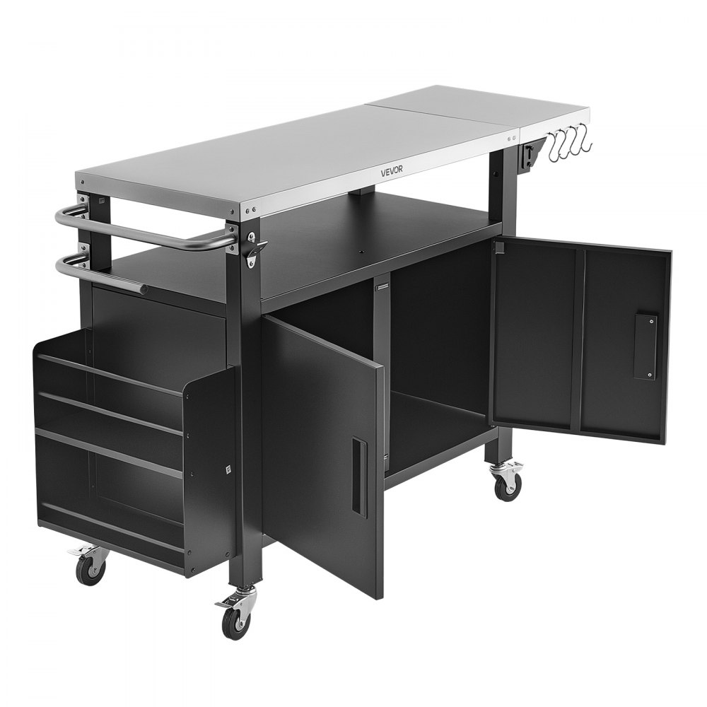 VEVOR Outdoor Grill Cart with Storage Cabinet, 140 cm Grill Table, Waterproof Kitchen Island with Stainless Steel Top, Shelf, and Wheels, Movable Food Prep Station for Patio Bar Backyard BBQ