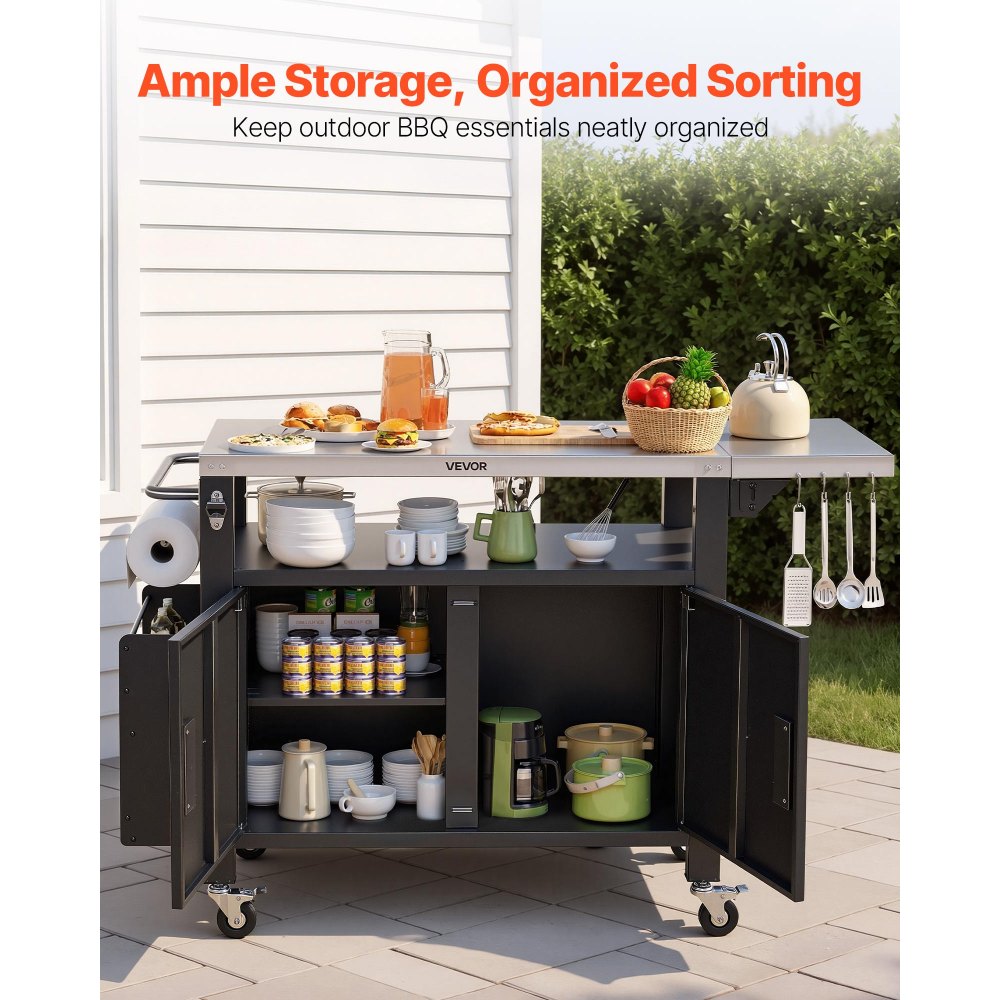 VEVOR Outdoor Grill Cart with Storage Cabinet, 55.1 Inch Grill Table, Waterproof Kitchen Island with Stainless Steel Top, Shelf, and Wheels, Movable Food Prep Station for Patio Bar Backyard BBQ