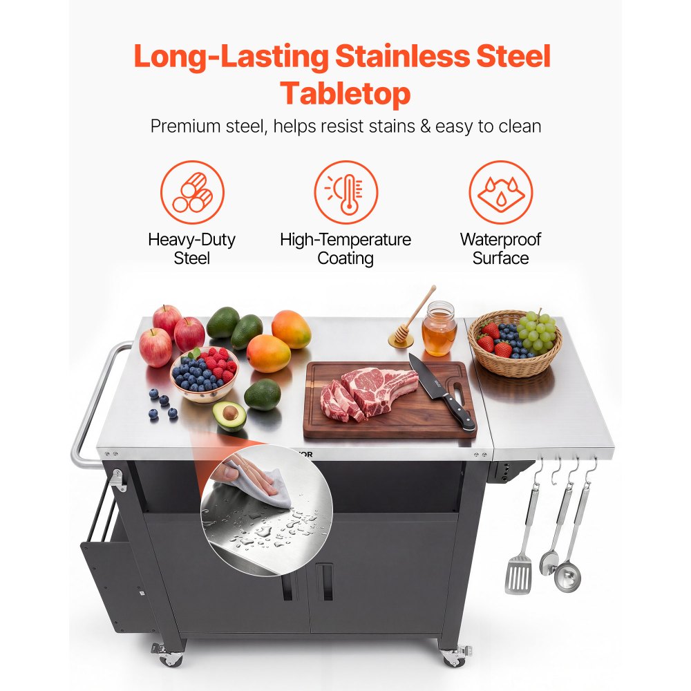 VEVOR Outdoor Grill Cart with Storage Cabinet, 55.1 Inch Grill Table, Waterproof Kitchen Island with Stainless Steel Top, Shelf, and Wheels, Movable Food Prep Station for Patio Bar Backyard BBQ