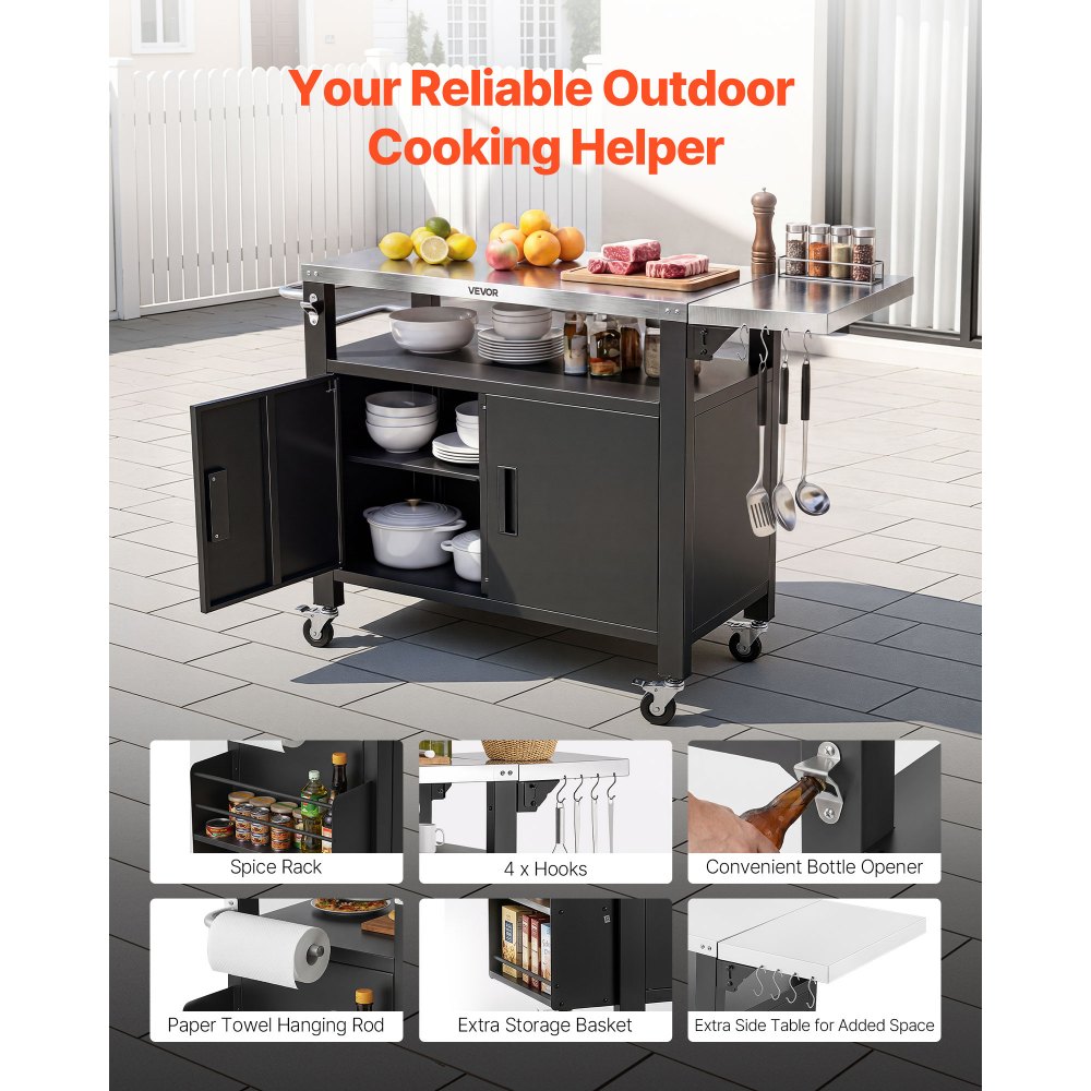 VEVOR Outdoor Grill Cart with Storage Cabinet, 55.1 Inch Grill Table, Waterproof Kitchen Island with Stainless Steel Top, Shelf, and Wheels, Movable Food Prep Station for Patio Bar Backyard BBQ
