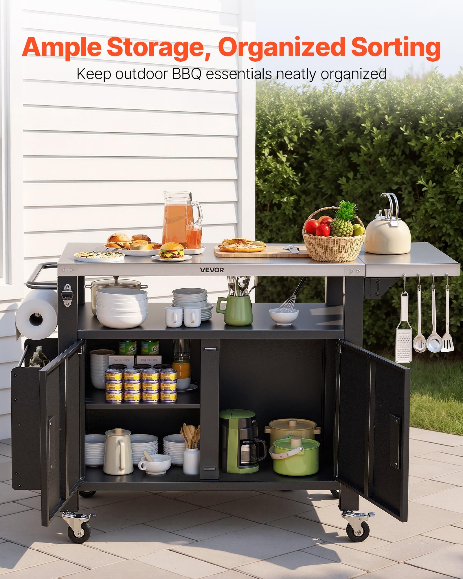 VEVOR Outdoor Grill Cart with Storage Cabinet, 140 cm Grill Table, Waterproof Kitchen Island with Stainless Steel Top, Shelf, and Wheels, Movable Food Prep Station for Patio Bar Backyard BBQ