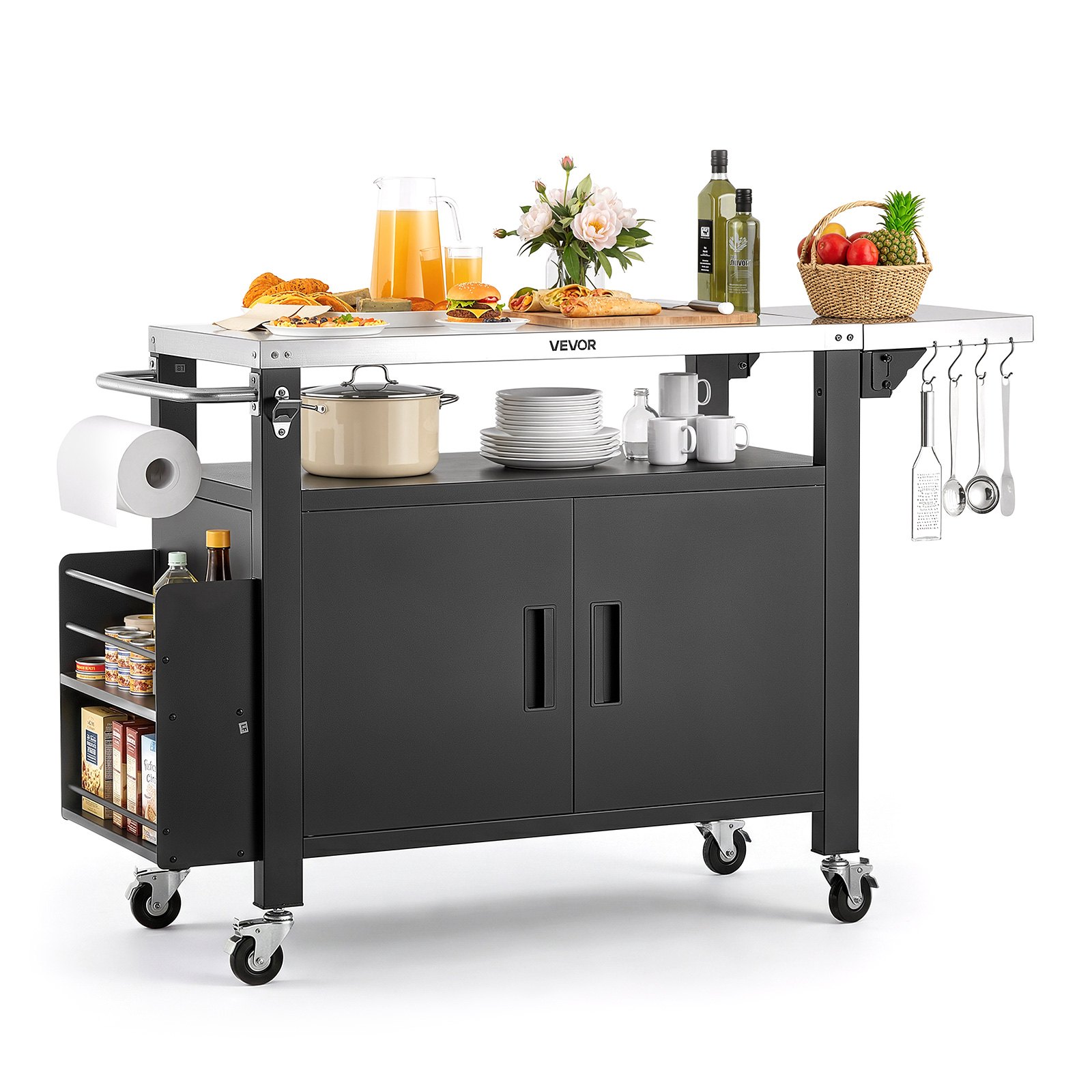 VEVOR Outdoor Grill Cart with Storage Cabinet, 140 cm Grill Table, Waterproof Kitchen Island with Stainless Steel Top, Shelf, and Wheels, Movable Food Prep Station for Patio Bar Backyard BBQ