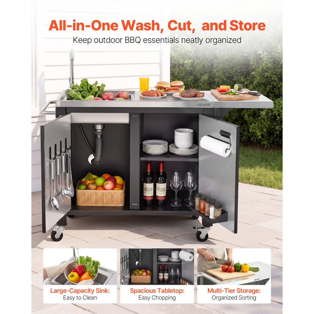 VEVOR Outdoor Grill Cart with Sink and Storage Cabinet, 132 cm Grill Table, Waterproof Kitchen Island with Stainless Steel Top, Spice Rack, Wheel, Movable Food Prep Station for Patio Bar Backyard BBQ