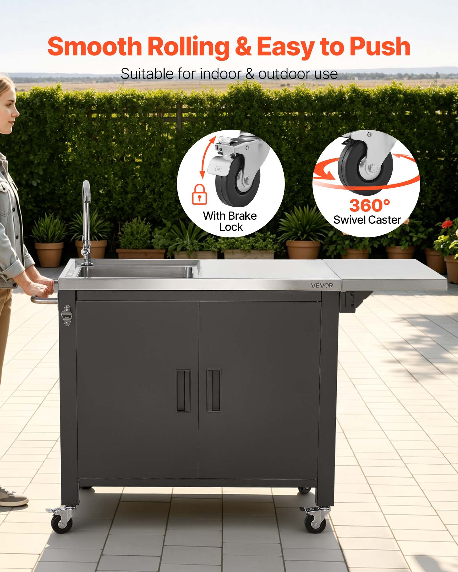 VEVOR Outdoor Grill Cart with Sink and Storage Cabinet, 132 cm Grill Table, Waterproof Kitchen Island with Stainless Steel Top, Spice Rack, Wheel, Movable Food Prep Station for Patio Bar Backyard BBQ