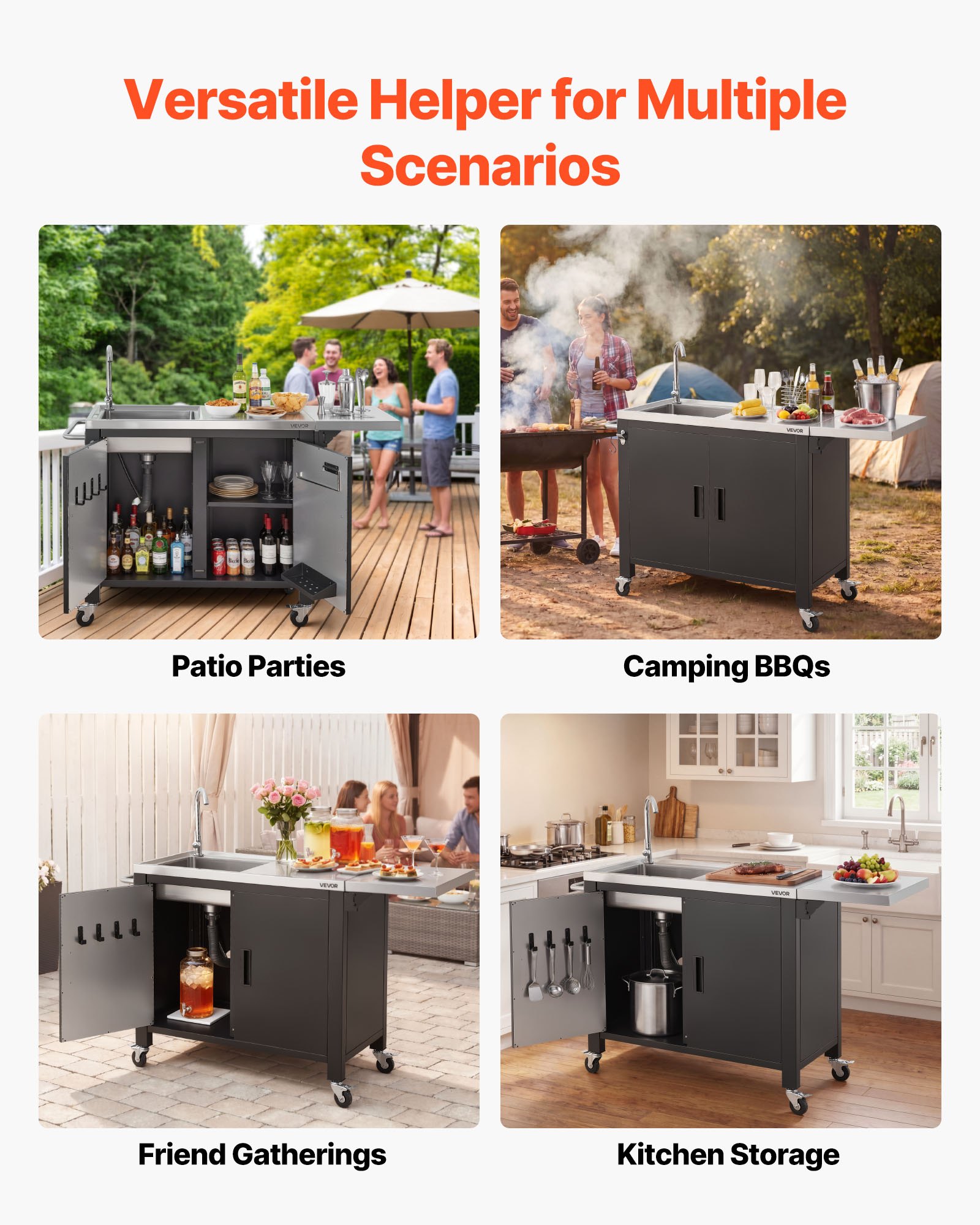 VEVOR Outdoor Grill Cart with Sink and Storage Cabinet, 132 cm Grill Table, Waterproof Kitchen Island with Stainless Steel Top, Spice Rack, Wheel, Movable Food Prep Station for Patio Bar Backyard BBQ