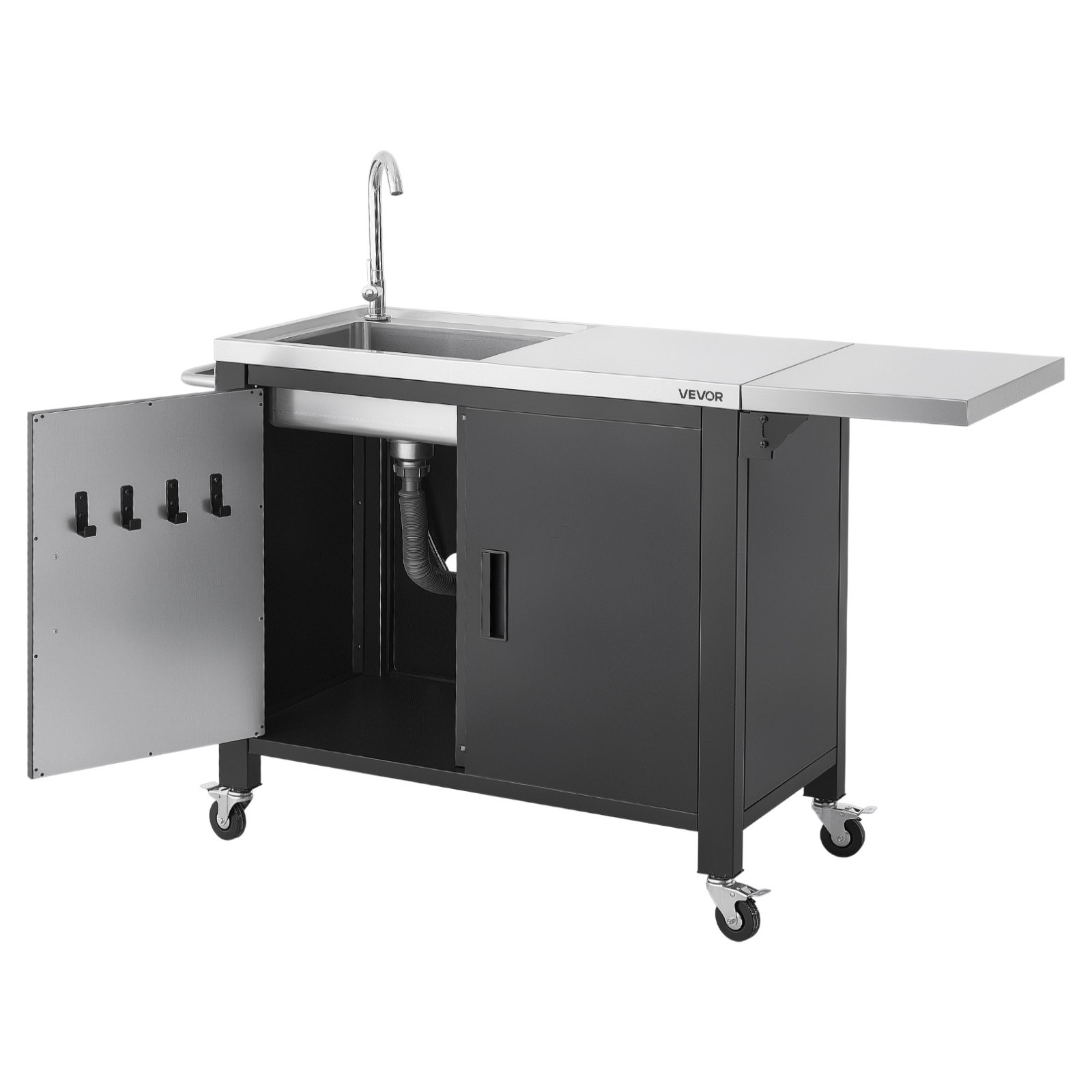 VEVOR Outdoor Grill Cart with Sink and Storage Cabinet, 132 cm Grill Table, Waterproof Kitchen Island with Stainless Steel Top, Spice Rack, Wheel, Movable Food Prep Station for Patio Bar Backyard BBQ