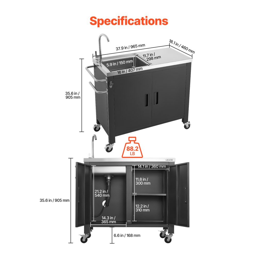 VEVOR Outdoor Grill Cart with Sink and Storage Cabinet, 38 Inch Grill Table, Waterproof Kitchen Island with Stainless Steel Top, Spice Rack, Wheel, Movable Food Prep Station for Patio Bar Backyard BBQ