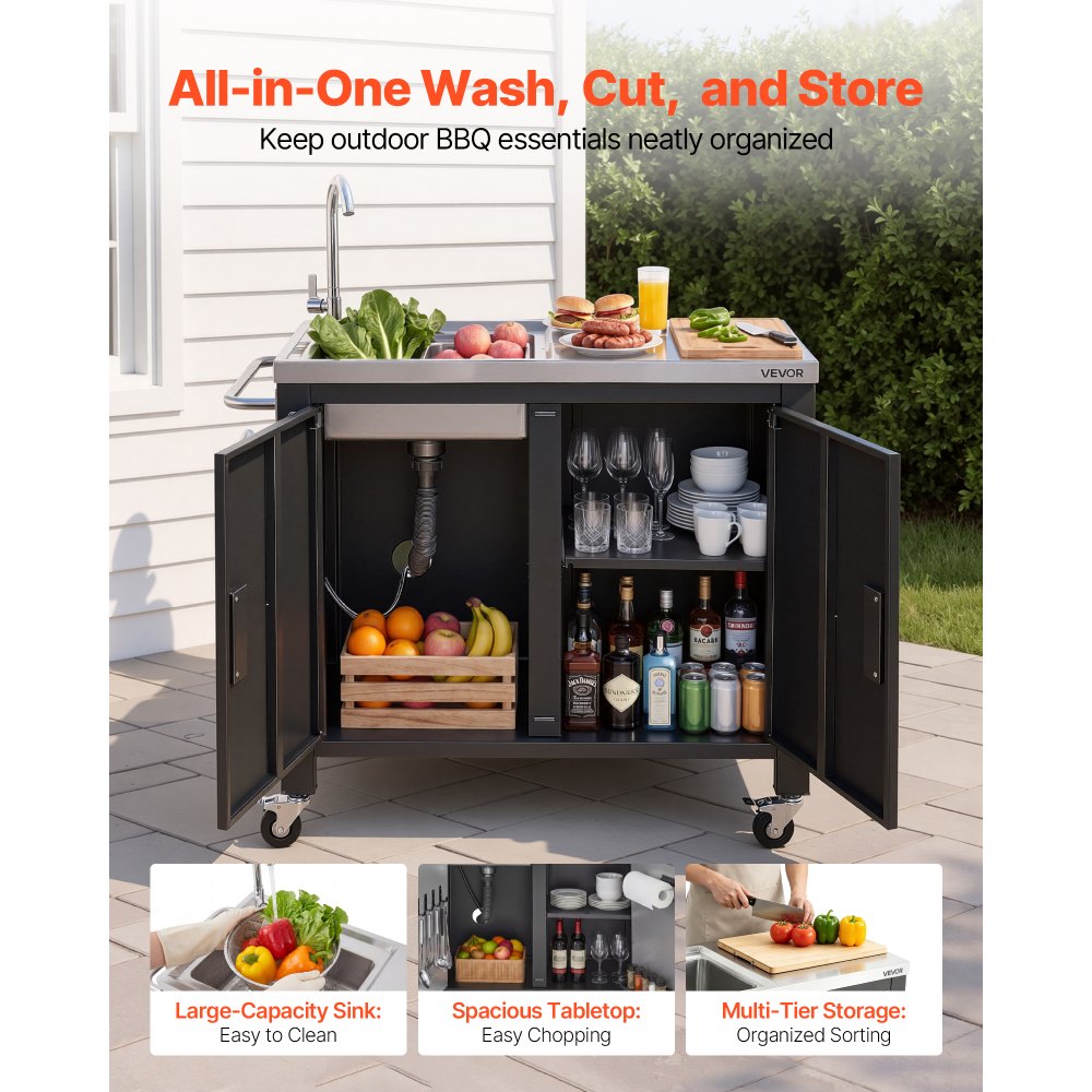 VEVOR Outdoor Grill Cart with Sink and Storage Cabinet, 38 Inch Grill Table, Waterproof Kitchen Island with Stainless Steel Top, Spice Rack, Wheel, Movable Food Prep Station for Patio Bar Backyard BBQ