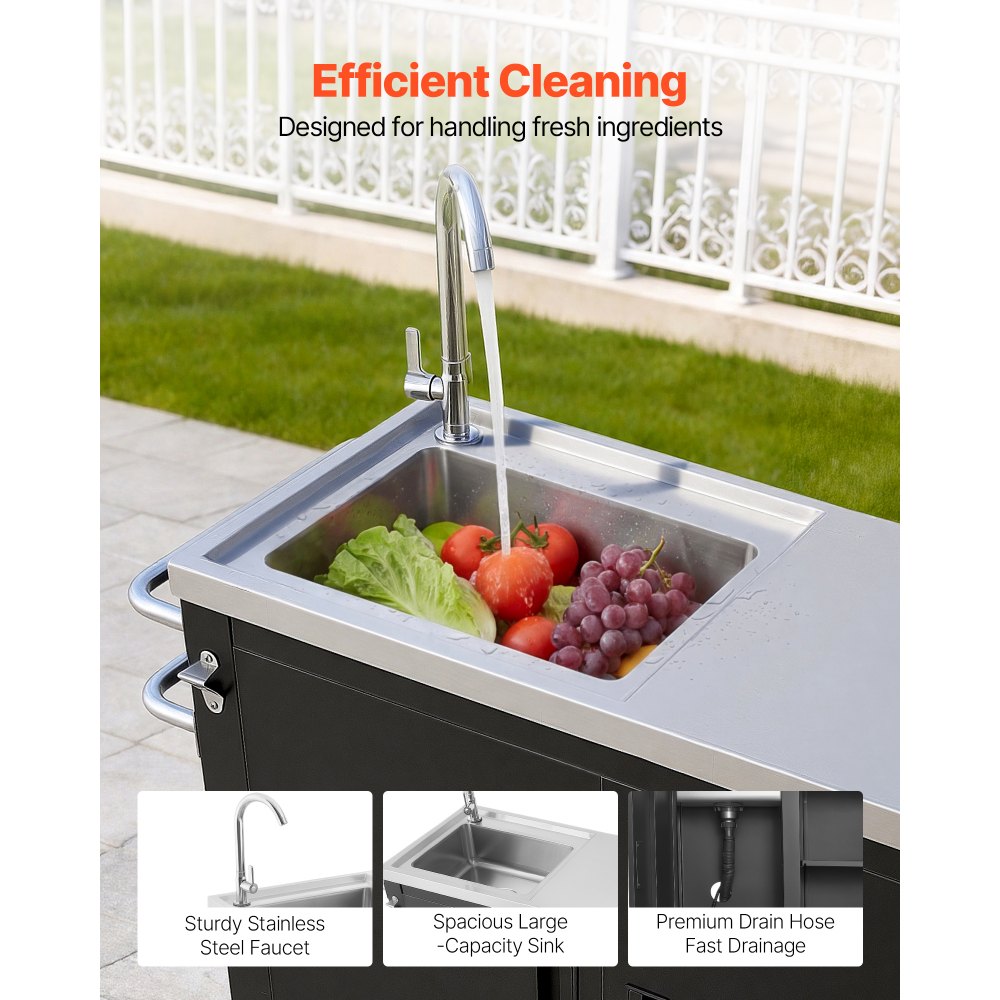 VEVOR Outdoor Grill Cart with Sink and Storage Cabinet, 38 Inch Grill Table, Waterproof Kitchen Island with Stainless Steel Top, Spice Rack, Wheel, Movable Food Prep Station for Patio Bar Backyard BBQ
