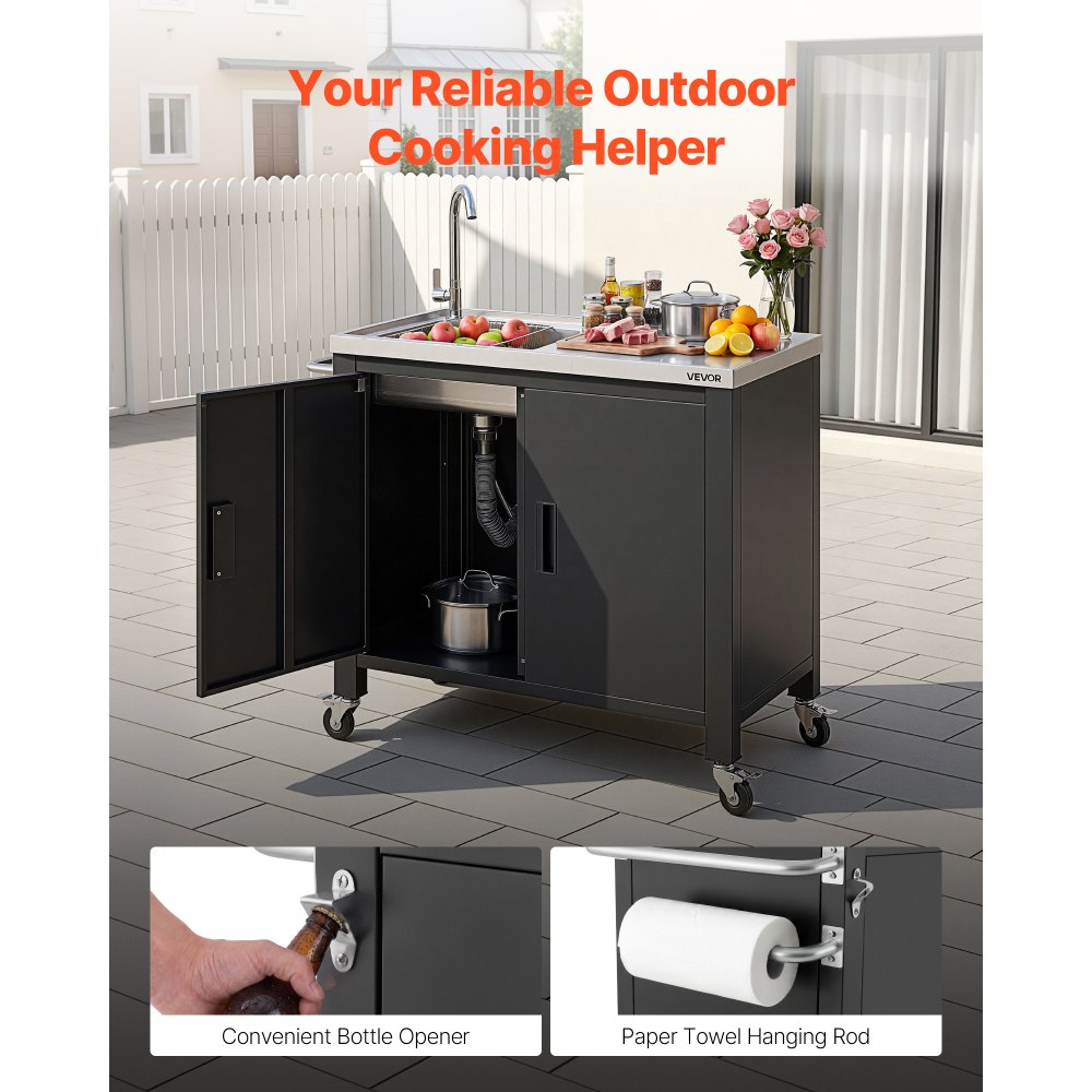 VEVOR Outdoor Grill Cart with Sink and Storage Cabinet, 38 Inch Grill Table, Waterproof Kitchen Island with Stainless Steel Top, Spice Rack, Wheel, Movable Food Prep Station for Patio Bar Backyard BBQ