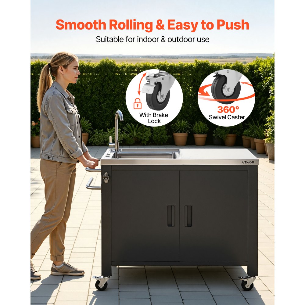 VEVOR Outdoor Grill Cart with Sink and Storage Cabinet, 38 Inch Grill Table, Waterproof Kitchen Island with Stainless Steel Top, Spice Rack, Wheel, Movable Food Prep Station for Patio Bar Backyard BBQ