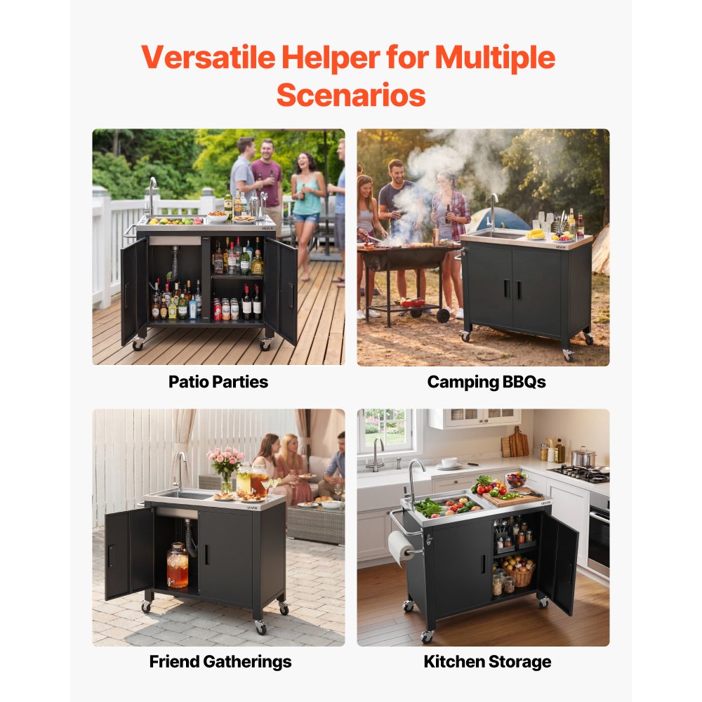 VEVOR Outdoor Grill Cart with Sink and Storage Cabinet, 38 Inch Grill Table, Waterproof Kitchen Island with Stainless Steel Top, Spice Rack, Wheel, Movable Food Prep Station for Patio Bar Backyard BBQ