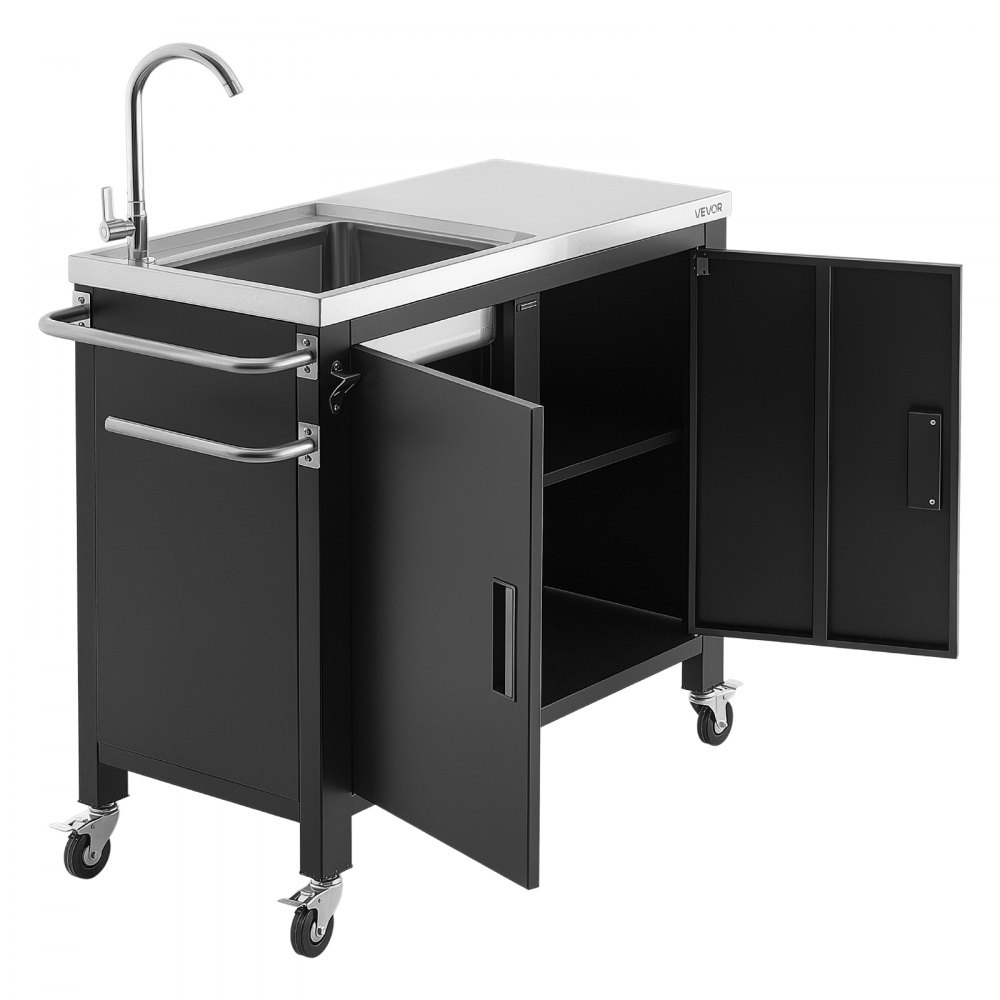 VEVOR Outdoor Grill Cart with Sink and Storage Cabinet, 38 Inch Grill Table, Waterproof Kitchen Island with Stainless Steel Top, Spice Rack, Wheel, Movable Food Prep Station for Patio Bar Backyard BBQ