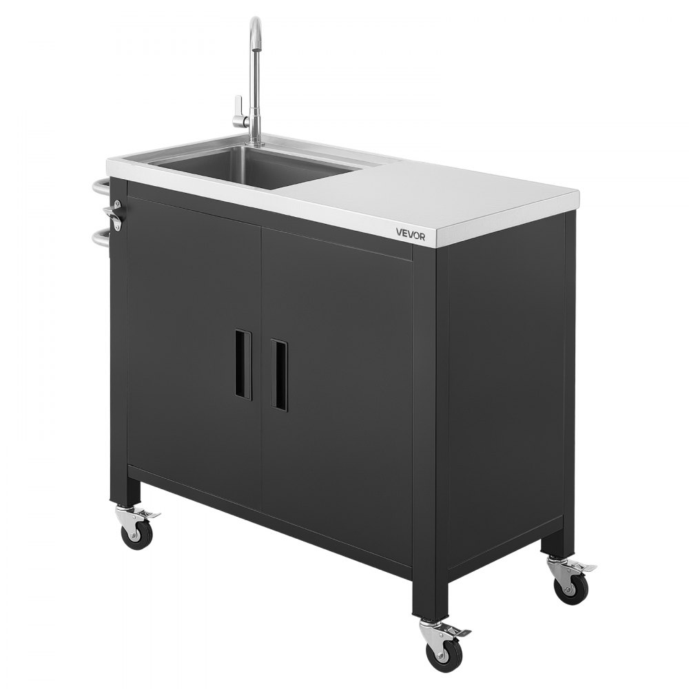 VEVOR Outdoor Grill Cart with Sink and Storage Cabinet, 38 Inch Grill Table, Waterproof Kitchen Island with Stainless Steel Top, Spice Rack, Wheel, Movable Food Prep Station for Patio Bar Backyard BBQ