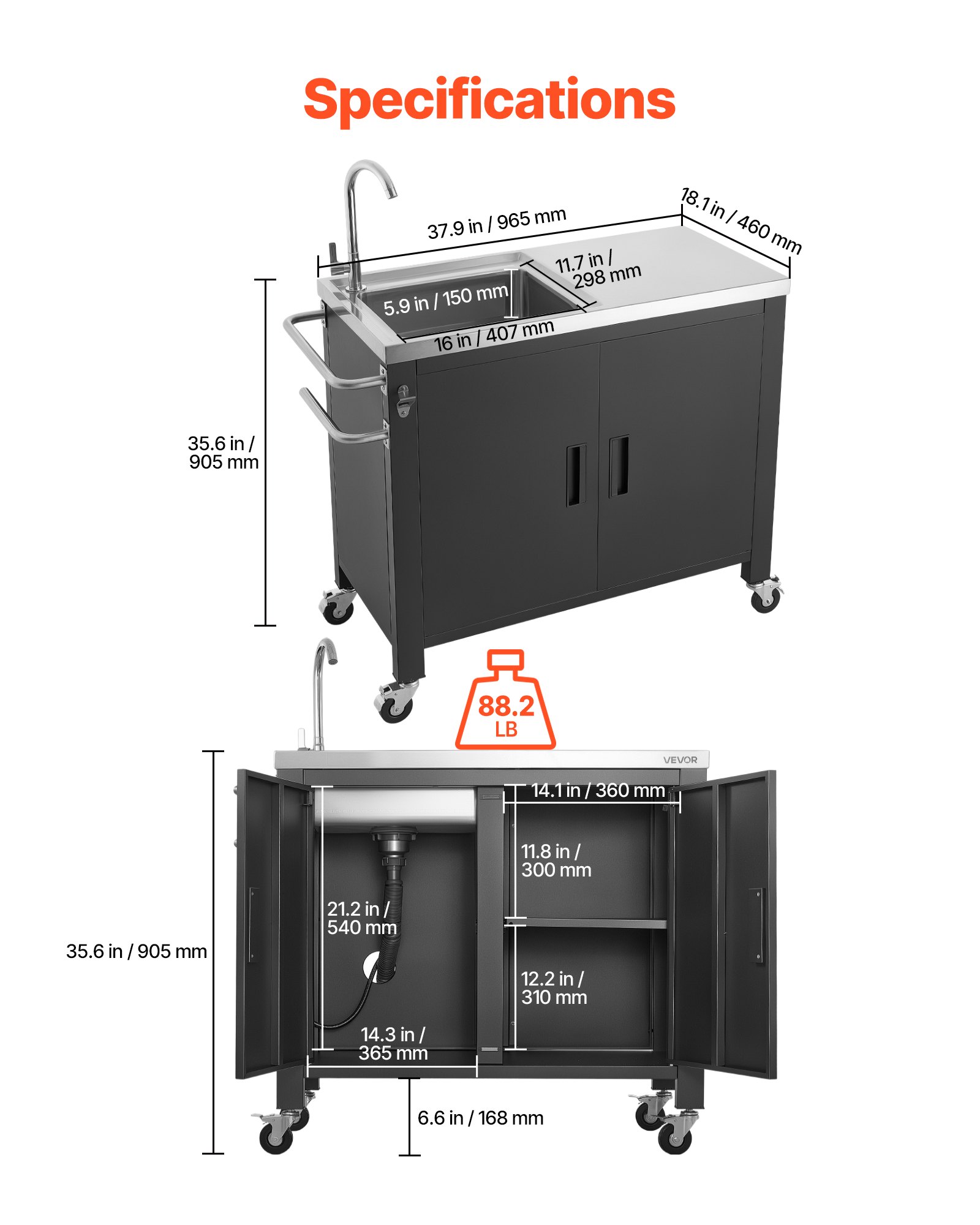 VEVOR Outdoor Grill Cart with Sink and Storage Cabinet, 38 Inch Grill Table, Waterproof Kitchen Island with Stainless Steel Top, Spice Rack, Wheel, Movable Food Prep Station for Patio Bar Backyard BBQ