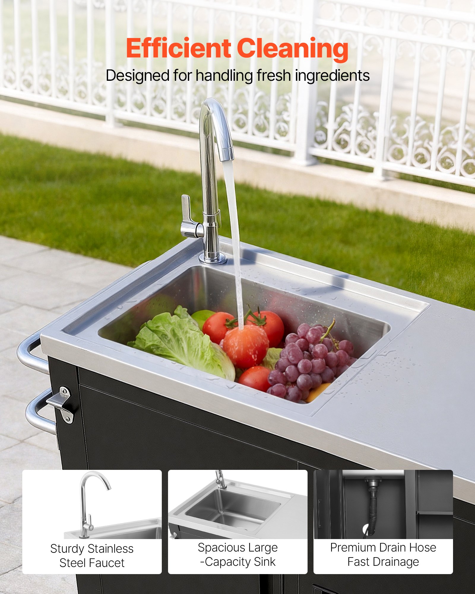 VEVOR Outdoor Grill Cart with Sink and Storage Cabinet, 38 Inch Grill Table, Waterproof Kitchen Island with Stainless Steel Top, Spice Rack, Wheel, Movable Food Prep Station for Patio Bar Backyard BBQ
