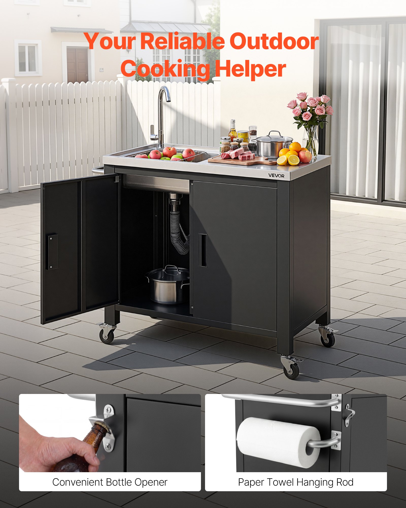 VEVOR Outdoor Grill Cart with Sink and Storage Cabinet, 38 Inch Grill Table, Waterproof Kitchen Island with Stainless Steel Top, Spice Rack, Wheel, Movable Food Prep Station for Patio Bar Backyard BBQ