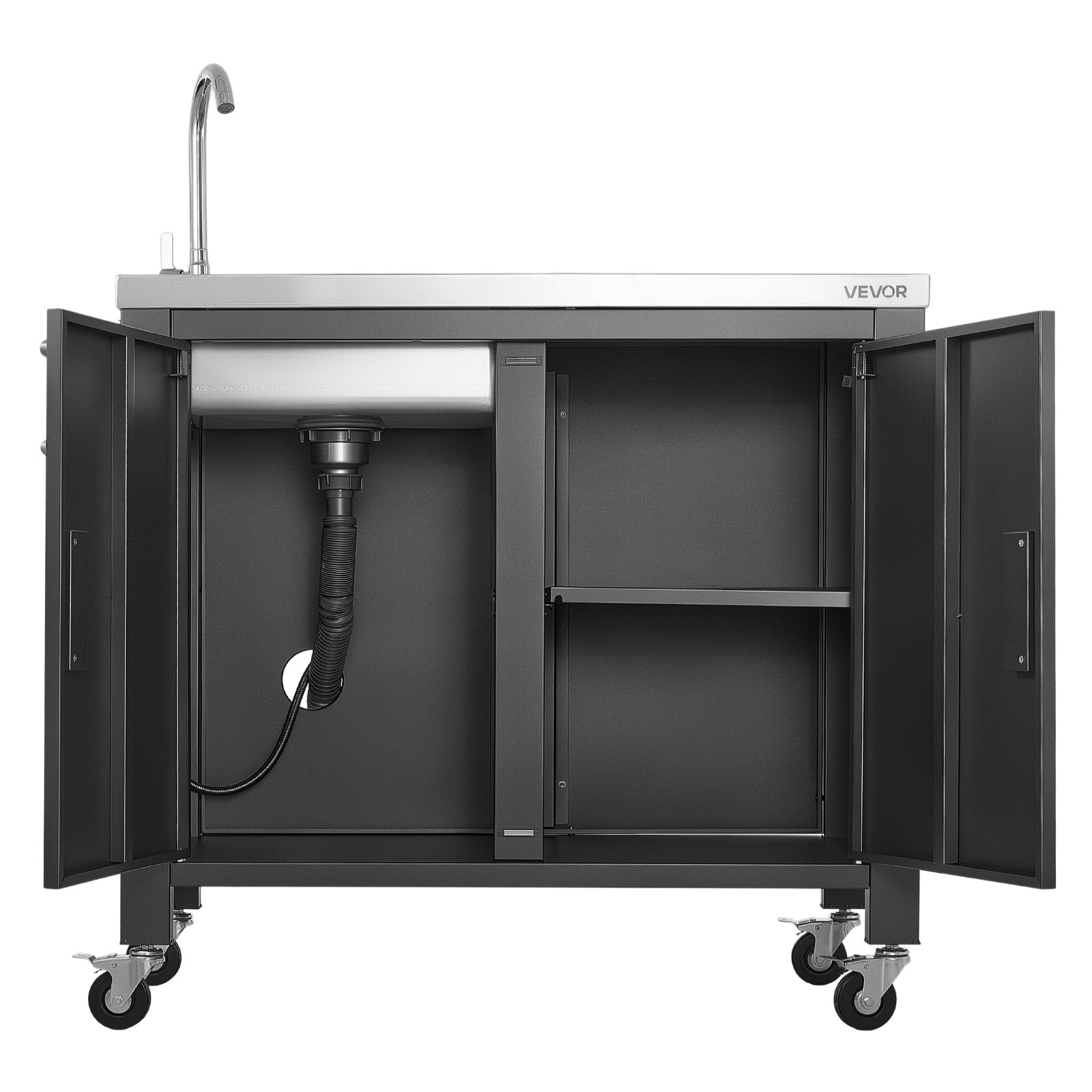 VEVOR Outdoor Grill Cart with Sink and Storage Cabinet, 38 Inch Grill Table, Waterproof Kitchen Island with Stainless Steel Top, Spice Rack, Wheel, Movable Food Prep Station for Patio Bar Backyard BBQ