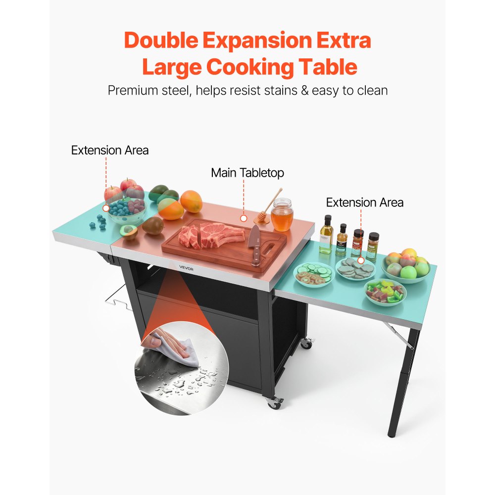 VEVOR Outdoor Grill Cart with Storage Cabinet, 190 cm Grill Table, Waterproof Kitchen Island with Stainless Steel Top, Pull-Out Plate, Wheels, Movable Food Prep Station for Patio Bar Backyard BBQ