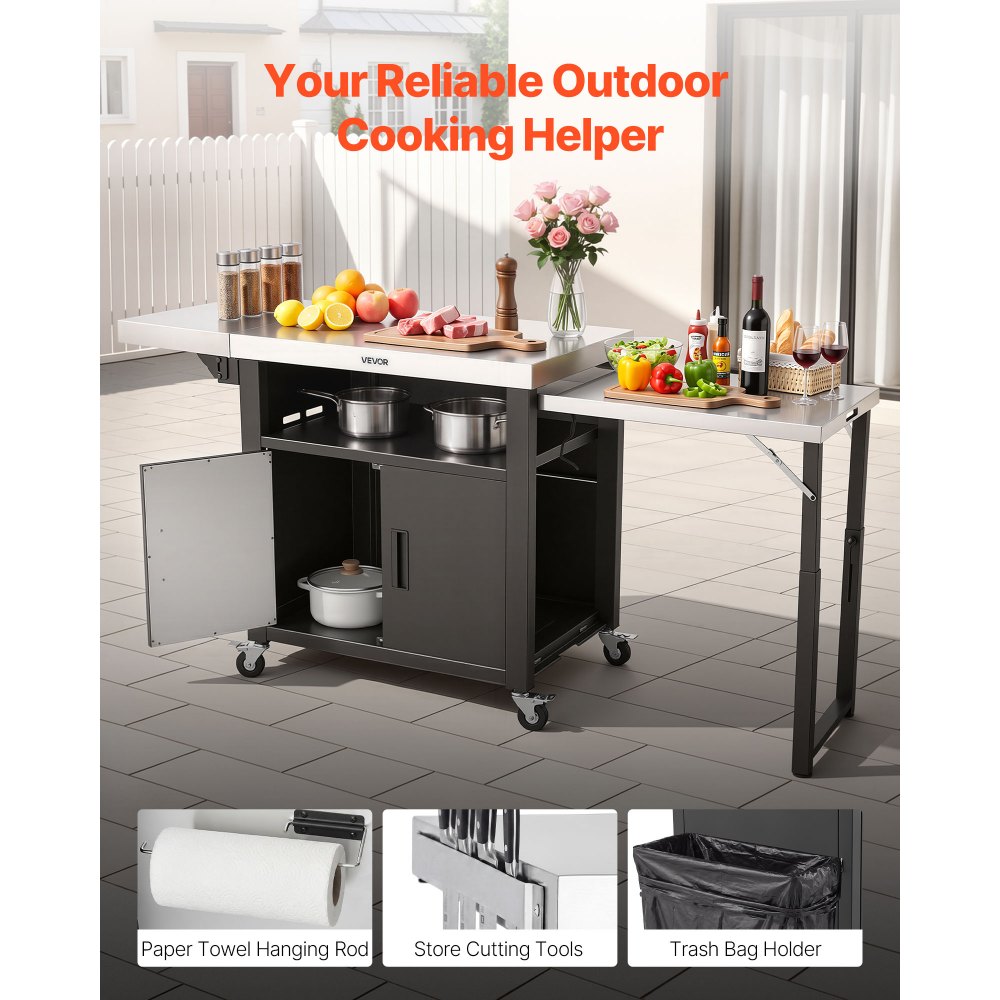 VEVOR Outdoor Grill Cart with Storage Cabinet, 190 cm Grill Table, Waterproof Kitchen Island with Stainless Steel Top, Pull-Out Plate, Wheels, Movable Food Prep Station for Patio Bar Backyard BBQ