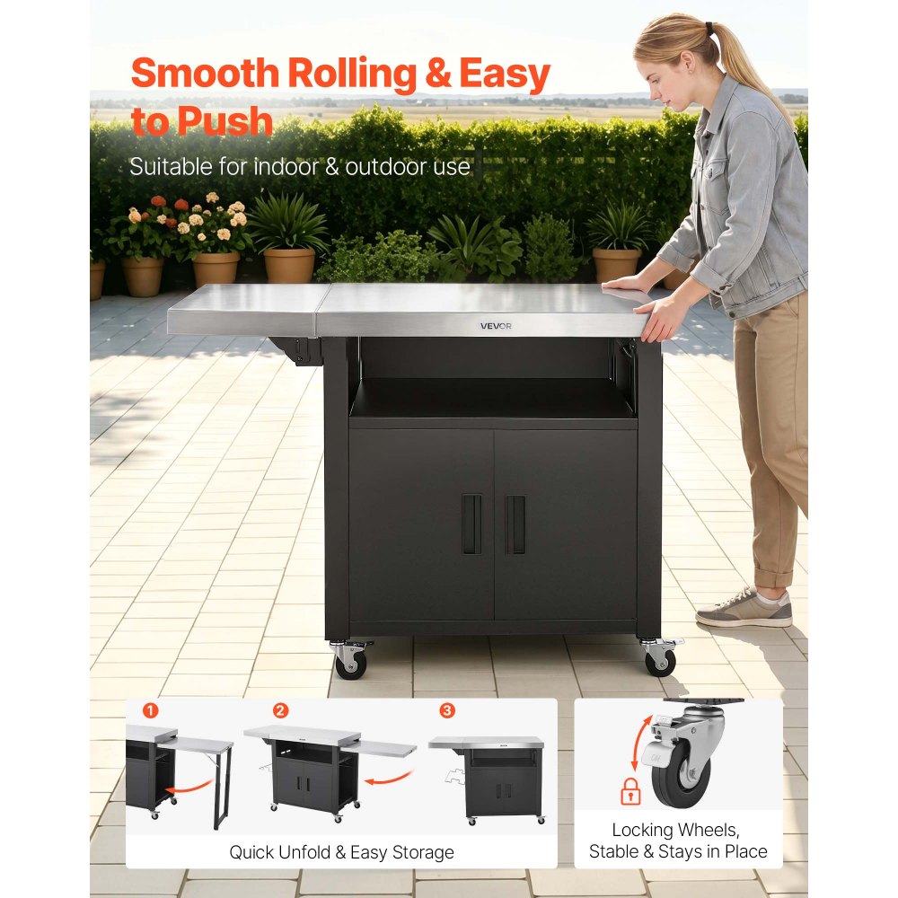VEVOR Outdoor Grill Cart with Storage Cabinet, 190 cm Grill Table, Waterproof Kitchen Island with Stainless Steel Top, Pull-Out Plate, Wheels, Movable Food Prep Station for Patio Bar Backyard BBQ