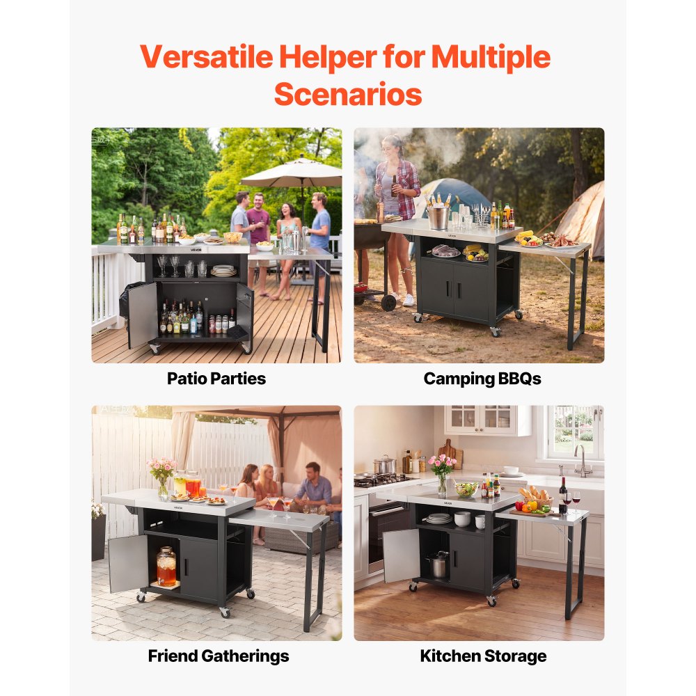 VEVOR Outdoor Grill Cart with Storage Cabinet, 190 cm Grill Table, Waterproof Kitchen Island with Stainless Steel Top, Pull-Out Plate, Wheels, Movable Food Prep Station for Patio Bar Backyard BBQ