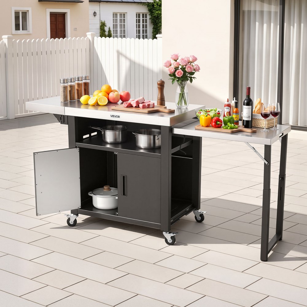 VEVOR Outdoor Grill Cart with Storage Cabinet, 190 cm Grill Table, Waterproof Kitchen Island with Stainless Steel Top, Pull-Out Plate, Wheels, Movable Food Prep Station for Patio Bar Backyard BBQ