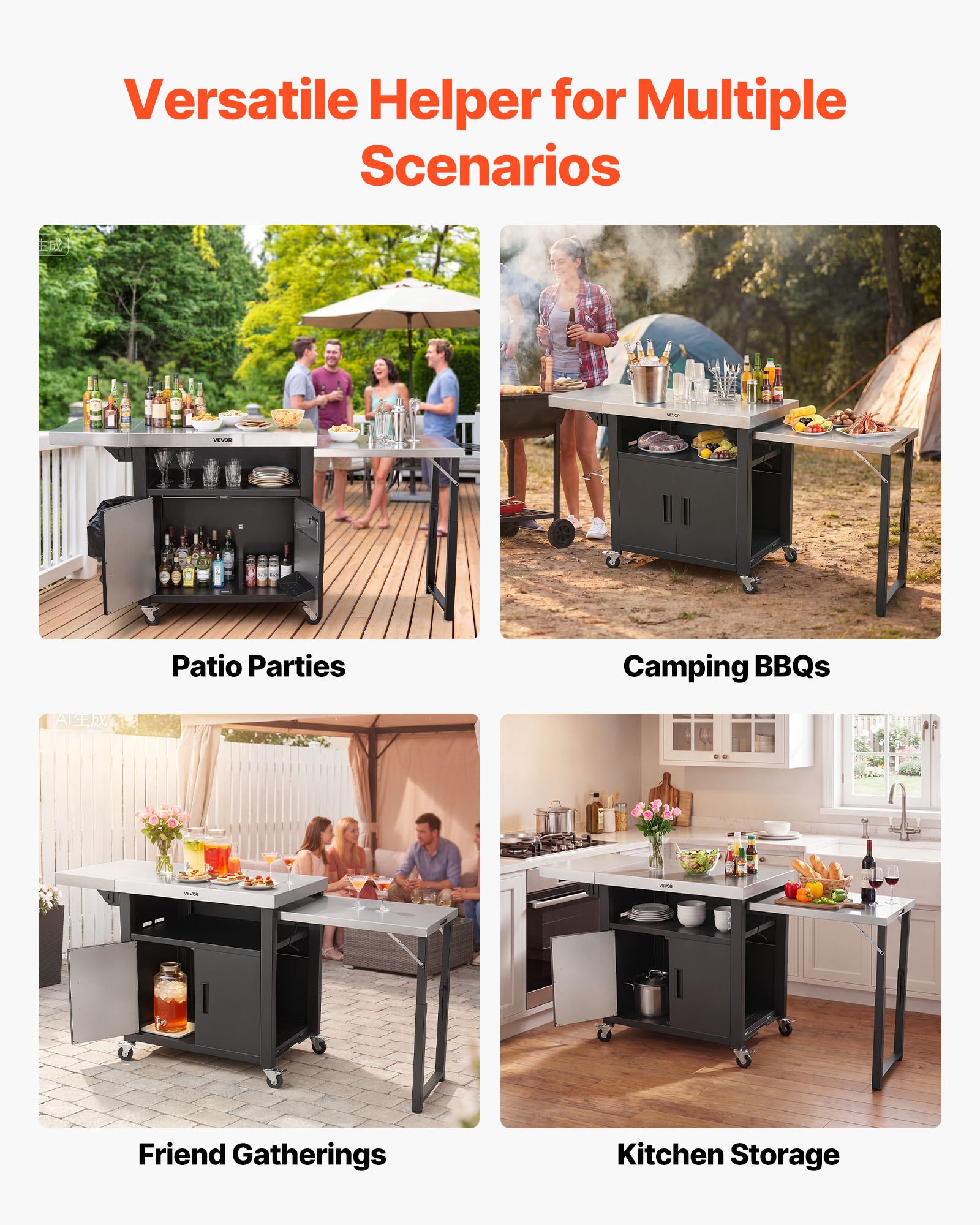 VEVOR Outdoor Grill Cart with Storage Cabinet, 190 cm Grill Table, Waterproof Kitchen Island with Stainless Steel Top, Pull-Out Plate, Wheels, Movable Food Prep Station for Patio Bar Backyard BBQ