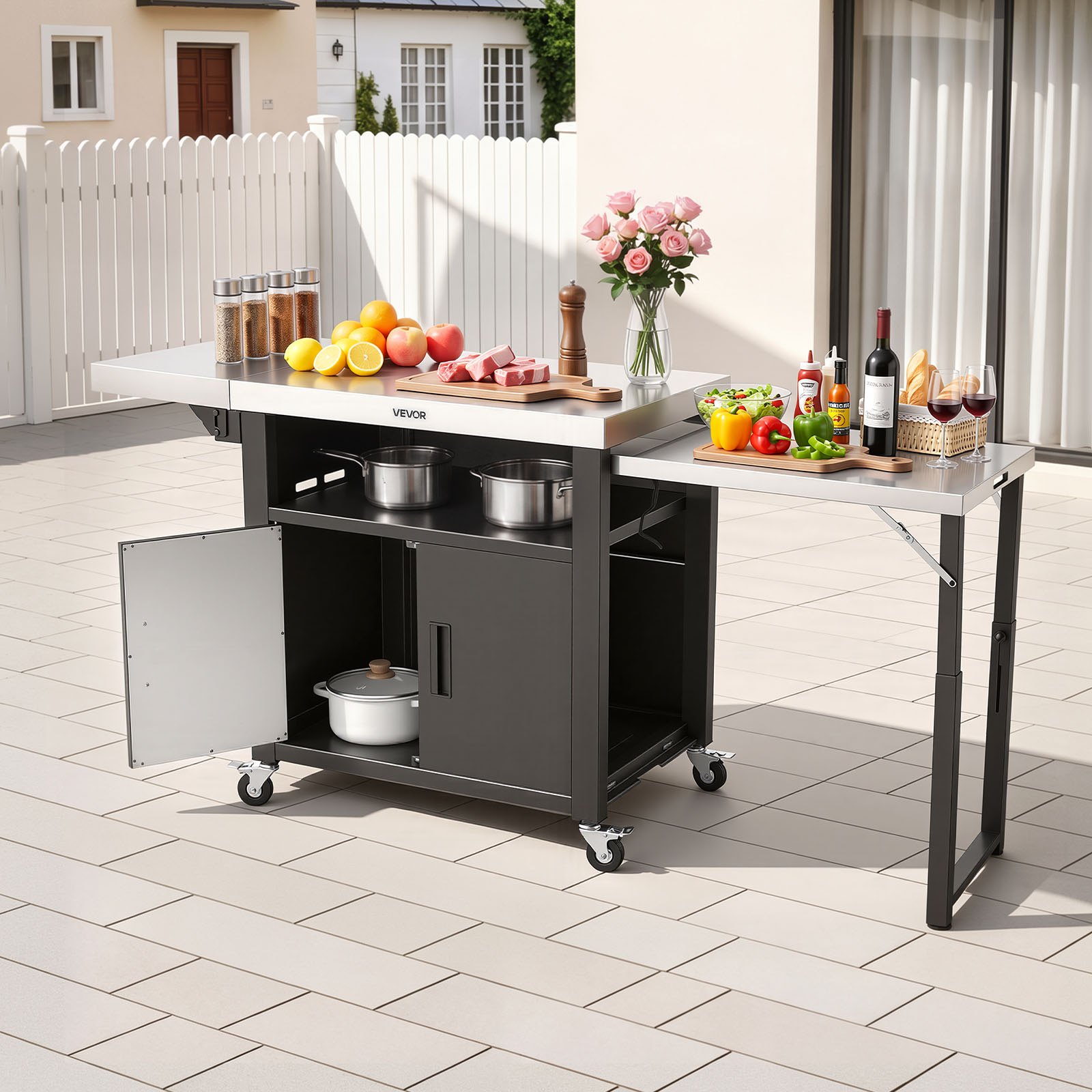VEVOR Outdoor Grill Cart with Storage Cabinet, 190 cm Grill Table, Waterproof Kitchen Island with Stainless Steel Top, Pull-Out Plate, Wheels, Movable Food Prep Station for Patio Bar Backyard BBQ