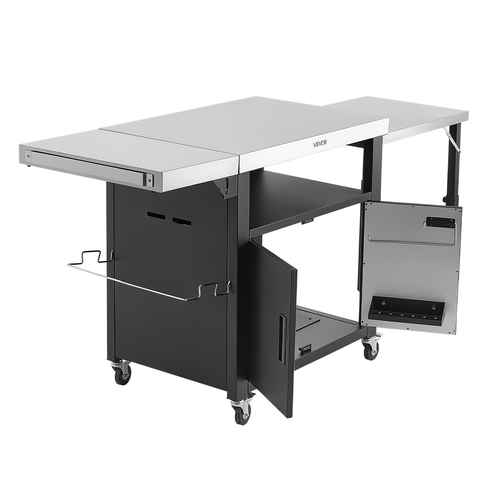 VEVOR Outdoor Grill Cart with Storage Cabinet, 190 cm Grill Table, Waterproof Kitchen Island with Stainless Steel Top, Pull-Out Plate, Wheels, Movable Food Prep Station for Patio Bar Backyard BBQ
