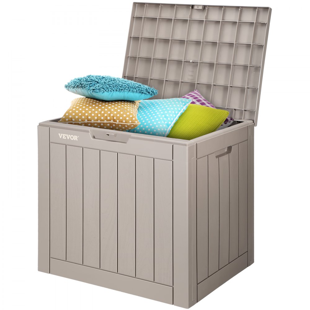 VEVOR deck box with open lid filled with colorful cushions.