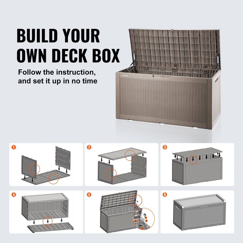 VEVOR deck box assembly steps with open lid and text &quot;build your own deck box&quot;.