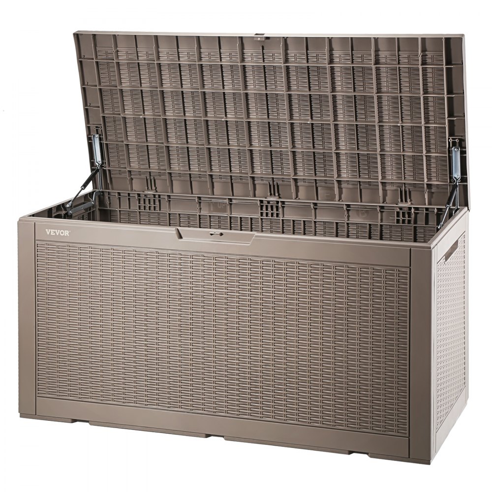 open VEVOR deck box in brown with a textured surface and durable hinges for outdoor storage.