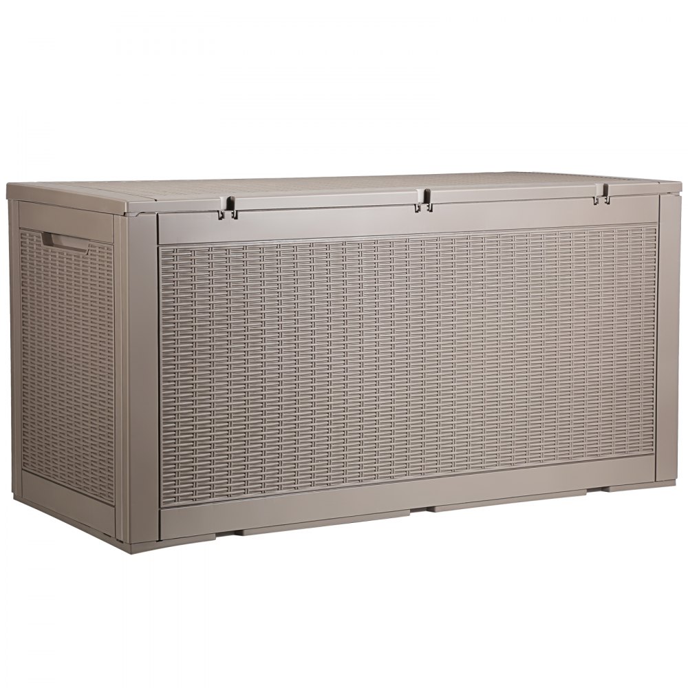 VEVOR deck box with woven design, beige color, sturdy handles, and secure lid for outdoor storage.