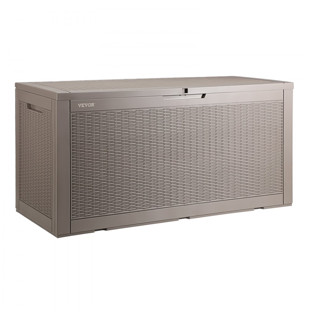 brown wicker-style plastic VEVOR deck box with handles and a lockable lid seen against white background.